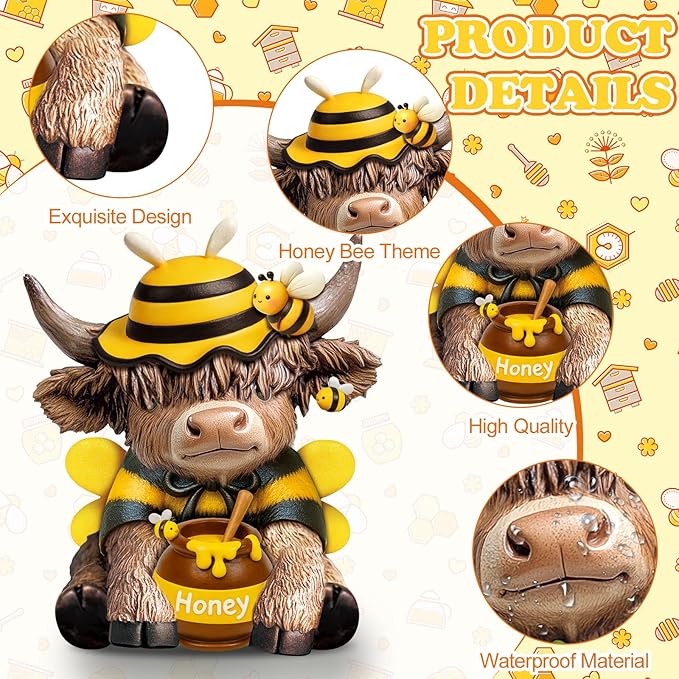 Karenhi 2 Pcs Bee Highland Cow Figurines, Bee Costume Resin Honey Cow Gnomes Scottish Resin Statue Calf Lovers Gifts for Spring Home Garden Kitchen Office Tiered Tray Table Decor