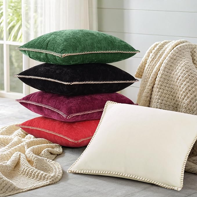 decorUhome Chenille Soft Cozy Throw Pillow Covers 12x20 Set of 2, Modern Farmhouse Boho Velvet Decorative Pillow Cases with Stitched Edge for Couch Sofa Bed Home Decor, Rhododendron