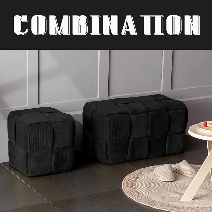 Cmishe 28" Rectangular Woven Corduroy Ottoman Footrest - Large Modern Entryway Bench & Bed End Stool, Sturdy Wood Frame, No Assembly (Black-L)