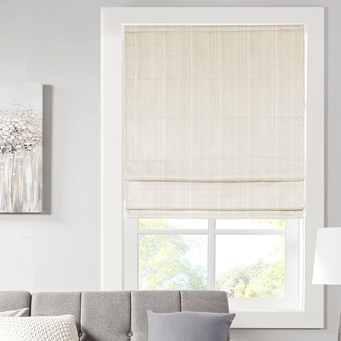 Madison Park Galen Cordless Roman Shade, 23"W x 64"H, Sheen Ivory – Room Darkening, Thermal Insulated, Energy Efficient Window Blind with Subtle Sheen Basketweave Fabric for Privacy