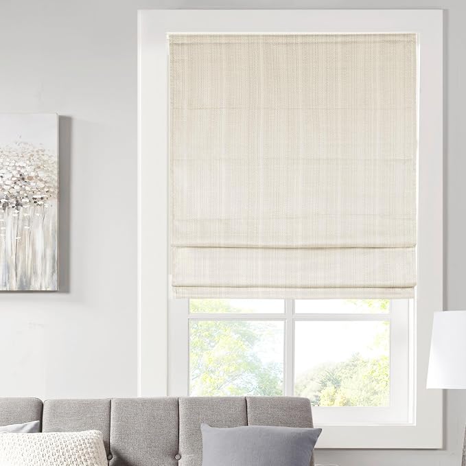 Madison Park Galen Cordless Roman Shade, 33"W x 64"H, Sheen Ivory – Room Darkening, Thermal Insulated, Energy Efficient Window Blind with Subtle Sheen Basketweave Fabric for Privacy