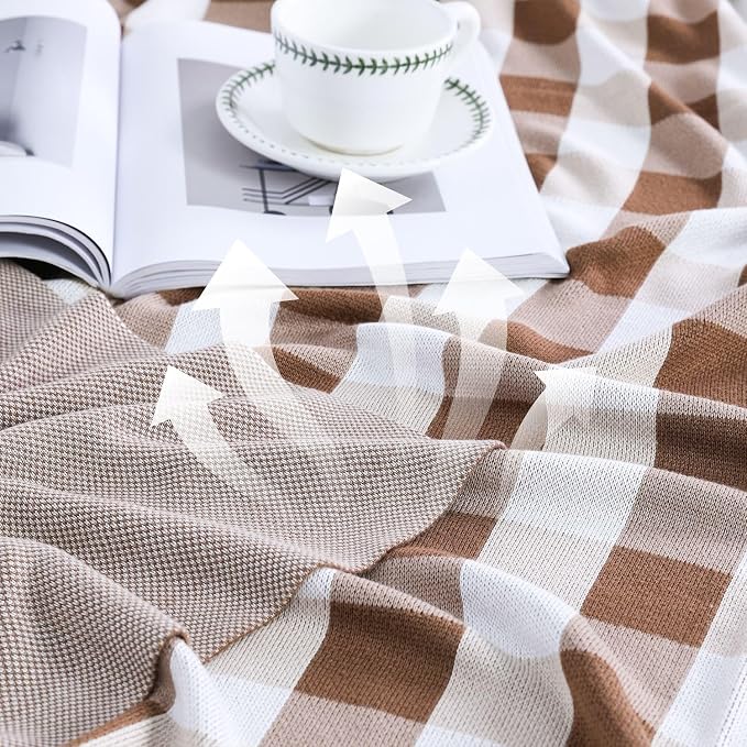 BOV Knit Checkered Throw Blanket - 100% Viscose Silky Super Soft Breathable Lightweight Decorative Throw Blanket for Year-Round Comfort, Perfect Self Care Gifts for Women & Men, Latte 50"x60"