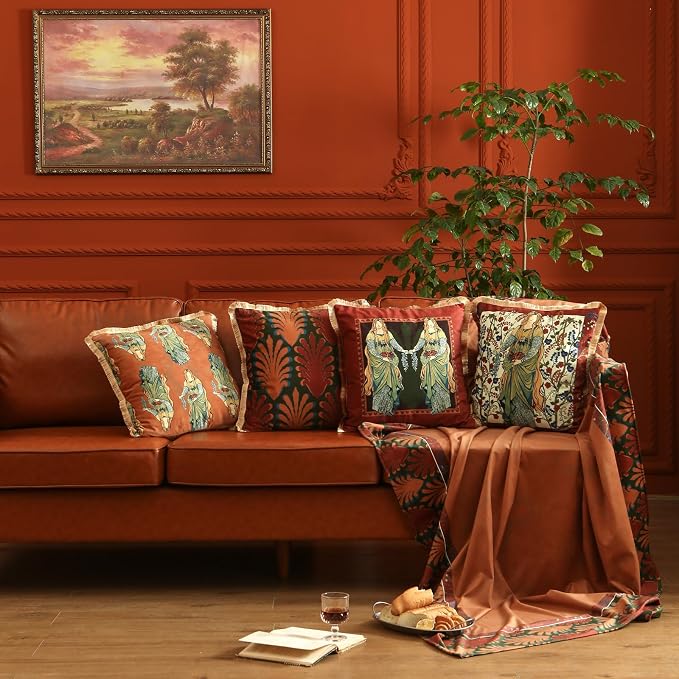 patdrea Designer French Velvet Throw Pillow Cover,Set of 4,-Oldlegend | Elegant Lumbar Pillow Case,Fringe Trim,Classic Art PatternDecor Cushion Coverfor Couch Living Room Bedroom Sofa