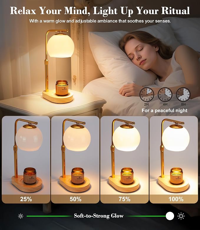 White Glass Candle Warmer Lamp Adjustable Height with Timer 2 4 8H | Warm Gold Hardware | Natural Wood Base | Dimmer Wax Melt Warmer Includes Candle and Bulbs