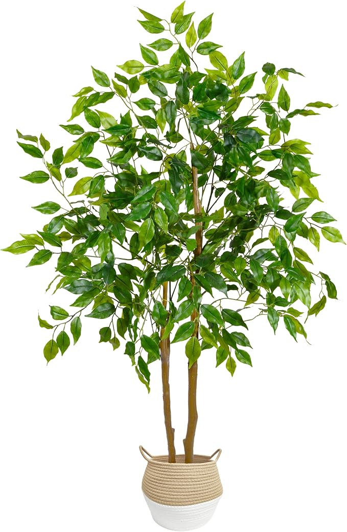 Warmplants Artificial Ficus Tree, 4ft Tall Fake Ficus Tree with Basket, Faux Plant for Indoor Outdoor Home Livingroom Office Garden Porch Décor