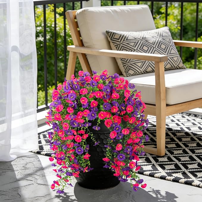 Fake Artificial Hanging Morning Glory Flowers for Outdoor Planters Porch Pation Decoration,2 Bundles UV Resistant Silk Faux Flowers with Realistic Eucalyptus Plants for Home Office Garden Decor