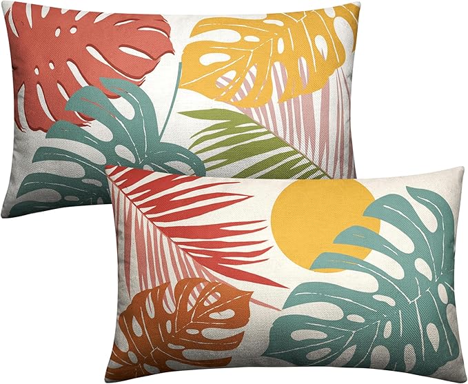 Set of 2 Summer Tropical Leaves Lumbar Throw Pillow Covers Palm Banana Leaf Pillow Covers 12x20 Abstract Sun and Monstera Leaf Cushion Case for Sofa Patio Indoor Outdoor Decor