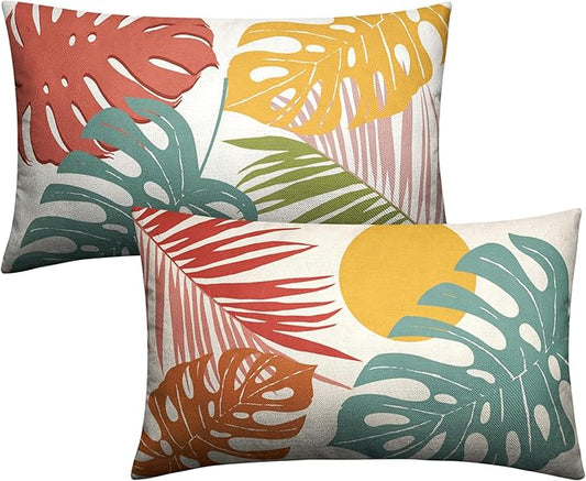 Set of 2 Summer Tropical Leaves Lumbar Throw Pillow Covers Palm Banana Leaf Pillow Covers 12x20 Abstract Sun and Monstera Leaf Cushion Case for Sofa Patio Indoor Outdoor Decor