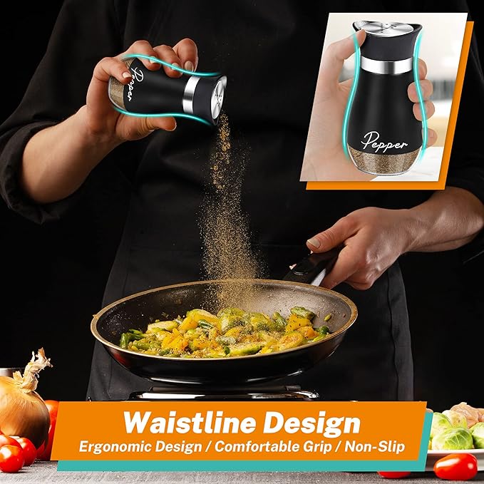 Black Salt and Pepper Shakers Set with Holder,4 oz kitchen accessories and decor for Restaurant, Wedding, Housewarming Gifts Refillable Design (Black)