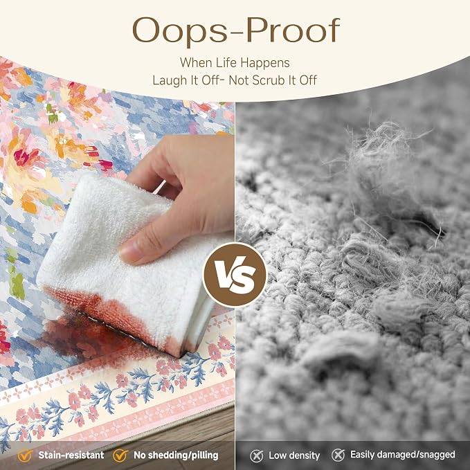 2x6 Washable Runner Rug Pink Blue Floral Abstract Hallway Kitchen Throw Rug Modern Non Slip Soft Low Pile Carpet for Bathroom Laundry Bedroom Living Room