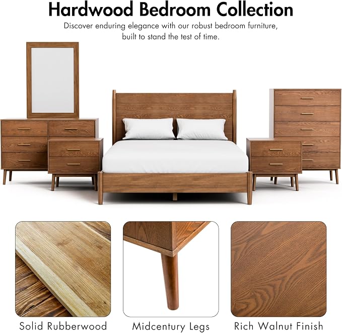 Furniture of America Wyatt Modern Solid Wood Nightstand with Drawers and Round Tapered Legs, Small Bedside Table, Wooden Night Stand for Bedroom, Guest Room, Dorm, Walnut