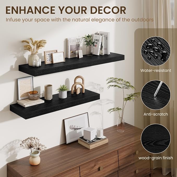Fun Memories Wood Floating Shelves 20 Inch, 12 Inch Deep Shelves Wall Mount, Wall Shelves with Invisible Bracket, 20" Floating Shelves for Living Room Bathroom Bedroom, Black, Set of 2