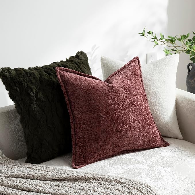 DEZENE Pack of 2 Christmas Burgundy Fall Decorative Throw Pillow Covers 24x24 Cozy Soft Chenille Accent Vintage Square Couch Pillow Covers for Home Decor Bed Sofa Living Room