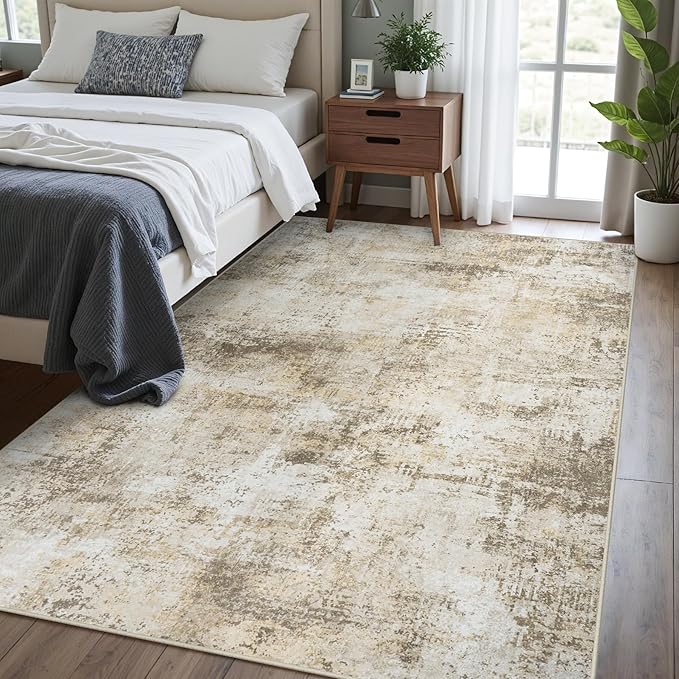 Washable Rug 6x9 Area Rugs: Soft Large Living Room Rug with Anti-Slip Backing Non-Shedding Stain-Resistant Modern Abstract Carpet for Bedroom Dining Room Nursery Home Office Beige Grey