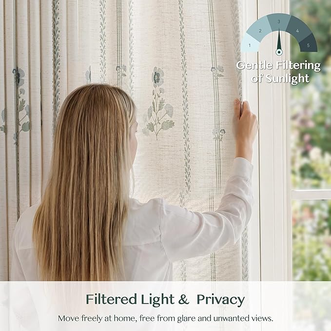 Pinch Pleated Curtains for Living Room Bedroom Dining Room - 92 Inches Light Filtering Floral Curtains Luxury Linen Drapes Farmhouse Window Curtains with Hooks - 2 Panels Set, 40" W x 92" L