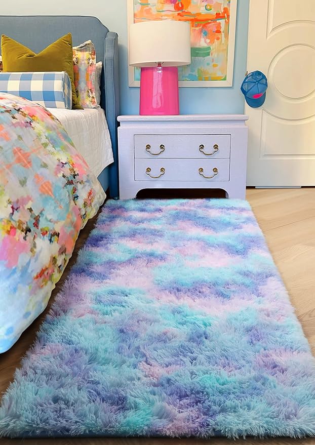 PAGISOFE Adorable Rainbow Runner Rugs for Girls Bedroom Hallway Plush Fluffy Purple Rug 2x6 Ft, Soft Carpet for Kids Room, Non-Slip Indoor Mermaid Rugs for Nursery Kids Girls Room Home Decor Sturdy