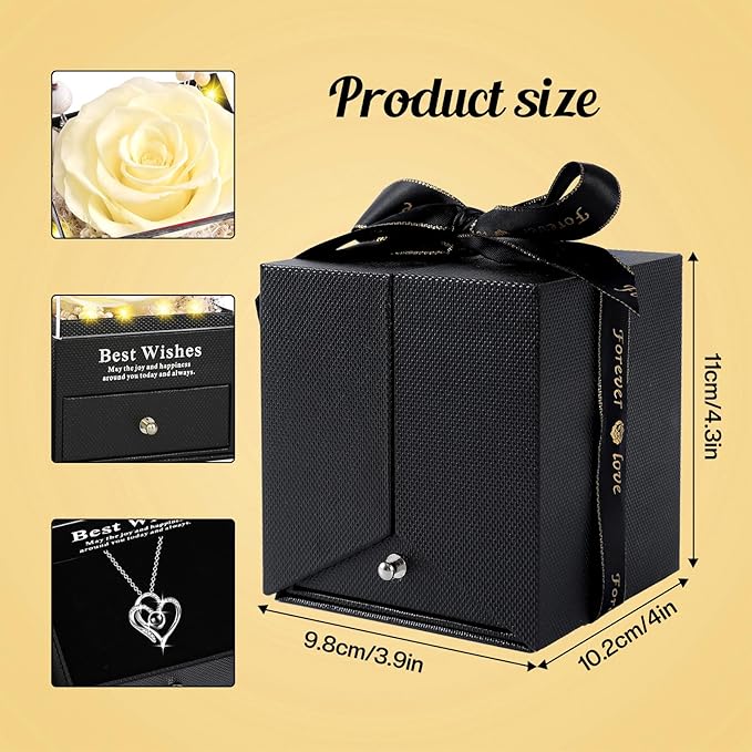 Pasuvsigt Mothers Day Mom Birthday Gifts for Women, Preserved Real Rose with I Love You Heart 100-Language Necklace, LED Lights & Music Box, Anniversary for Women Girlfriend Mom
