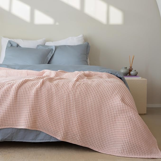 Premium Waffle Throw Blanket Twin Size Pink - Premium Quality, 100% Turkish Cotton, Light and Airy Waffle All-Season Quilt - Luxury Decorative Bedspread (Pink Powder, Twin 63" x 91" Inch)