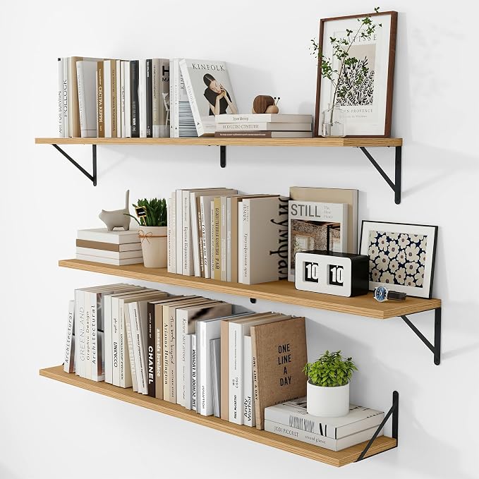 Vivelove 8 Inch Deep Floating Shelves for Wall, 48W x 8D Wood Wall Shelves Set of 3, Rustic Oak Wide Floating Bookshelf for Living Room, Kitchen, Office, Bedroom, with Black Metal Bracke - Oak