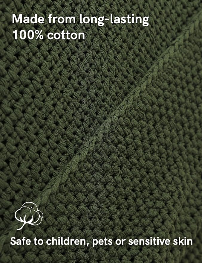 YnM Chunky Cotton Knit Throw Blanket, Cable Knit Throws for Bed Couch Sofa, Comfy & Relaxing, Decorative Piece for Farmhouse Modern Boho Rustic Scandinavian Chic Vibe, Pine Green 40x50 Inches