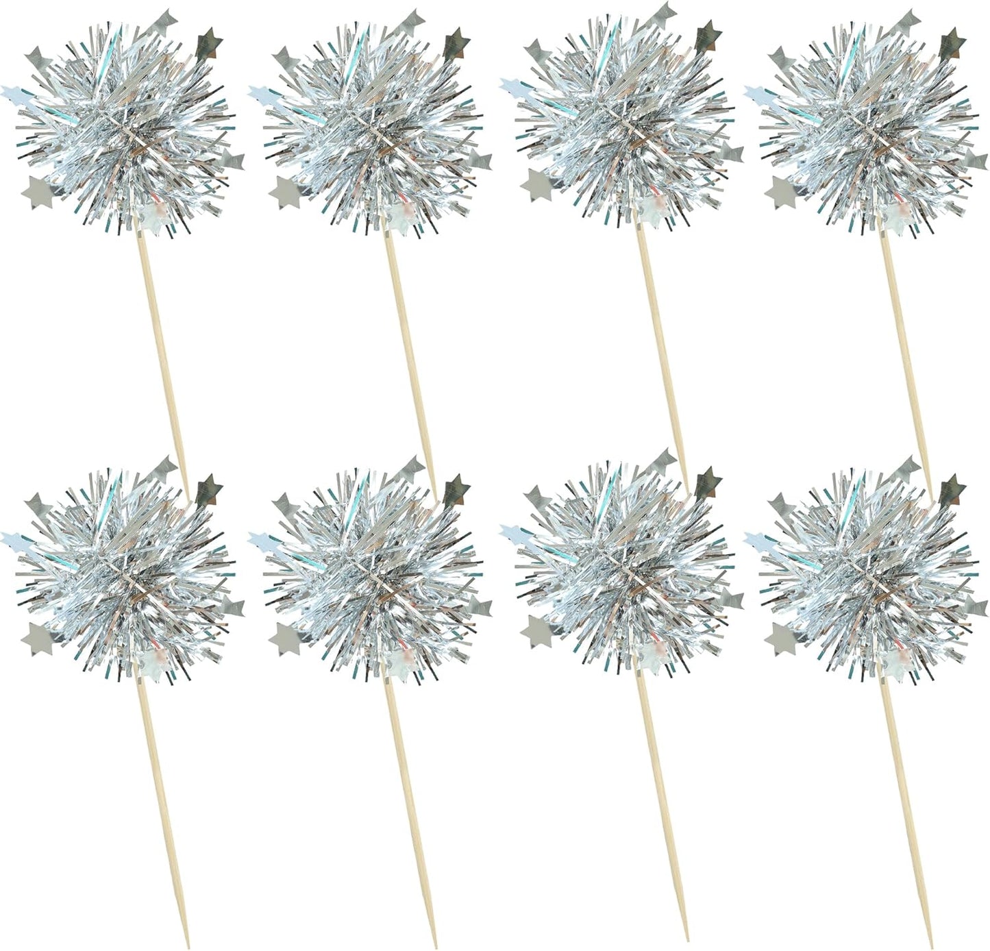 Ephlyn 30Pcs Foil Firework Cupcake Toppers Party Birthday Cake Toppers Supplies Sparkle Tinsel Cocktail Fruit Toothpick for Birthday Wedding Graduation Party Silver
