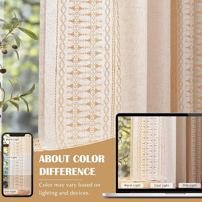 jinchan Boho Curtains Embroidered Linen Blend Window Curtains for Bedroom, Drapes 84 Inch Length 2 Panels Set, Geometry Grommet Bohemian Window Treatments Set for Living Room Gold on Beige