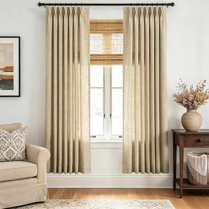 Oatmeal Linen Pleated Curtains 78 inches Long 2 Panels Set for Living Room Country Rustic Farmhouse Burlap Textured Semi Sheer Privacy Triple Pinch Pleat Curtain Greyish Beige Memory Trained Drapes