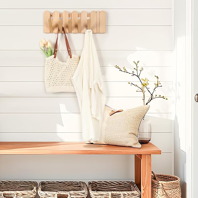 Coat Rack Wall Mount: Wooden Boho Wall Decor 6 Hooks 16.8'' Entryway Hanger with Magnetic Foldable Hooks Mounted, Space Saving for Hanging Jacket Bag for Apartments & Modern Homes