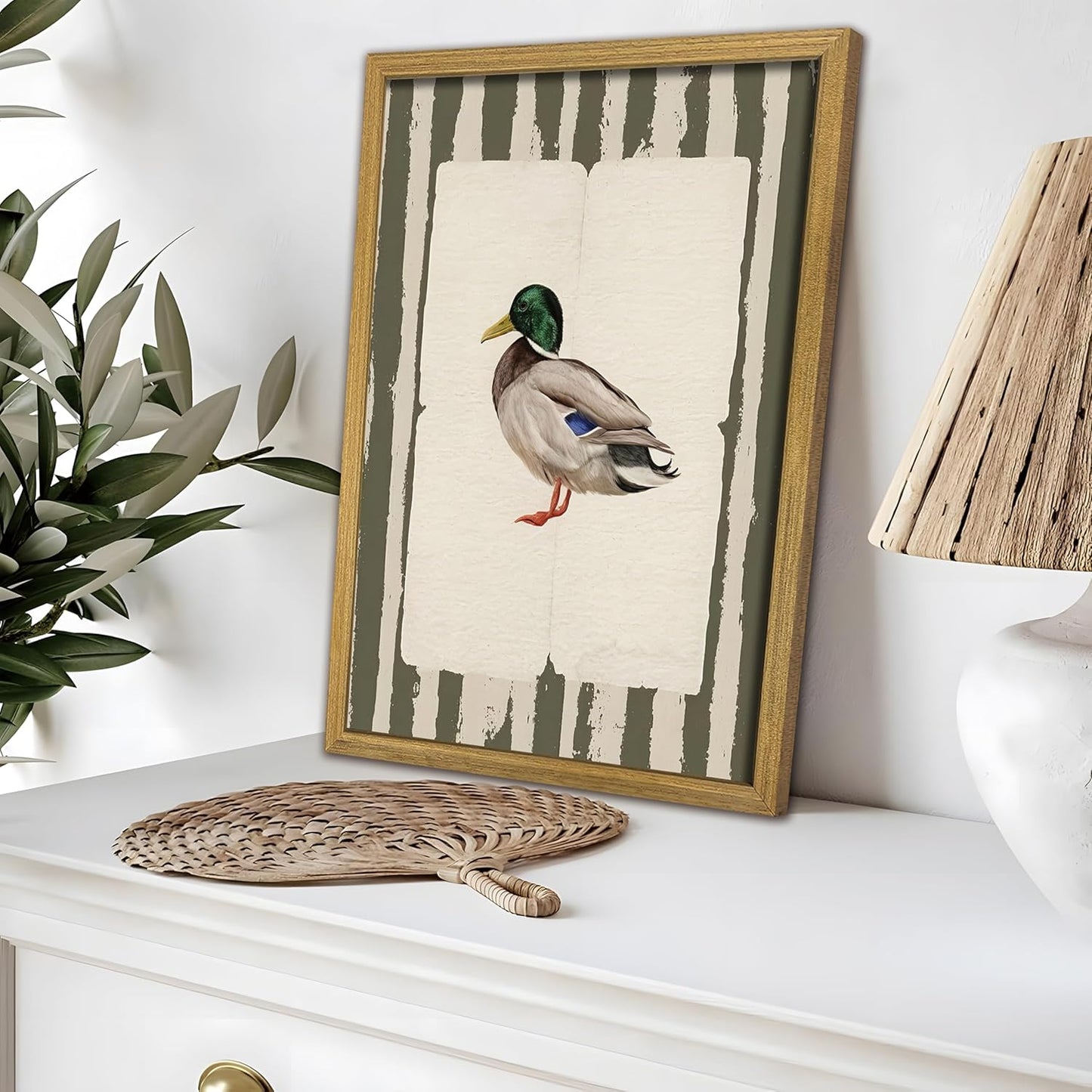 Vintage Framed Duck Wall Art Print, Rustic Mallard Bird Illustration Canvas Poster, Cottagecore Animal Artwork, Farmhouse Nature Wall Decor for Living Room Kitchen Bathroom Bedroom 16x24 inch