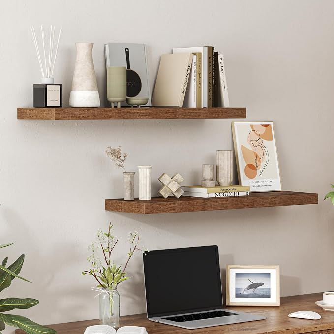 Heimlove 32 Inch Floating Shelves for Wall,Rustic Brown 9.3" Deep Floating Shelf Set of 2,Wall Mounted Shelves for Bathroom Bedroom Living Room Kitchen Office,Shelf for Books Storage Room,Home Decor