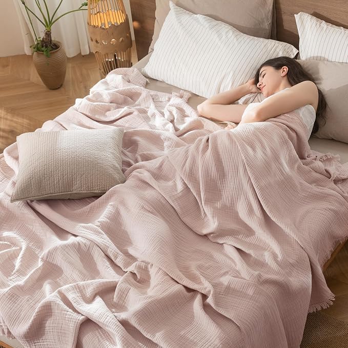 MooMee Muslin Blanket - 100% Cotton 4-Layer Gauze Throw Blanket with All-Around Fringe, Soft Breathable Lightweight Cooling Summer Blankets for Bed Couch(Greyish Pink,Throw 60" x 50")