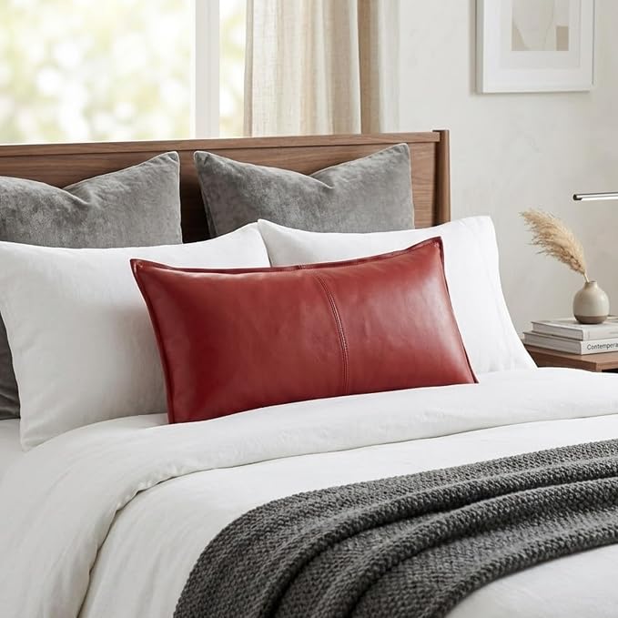 Genuine Leather Pillow Cover Case for Lumbar Throw Couch Pillows - Modern Farmhouse Decorative Sofa Thick & Soft Cushion Covers (Red, 12" x 20")