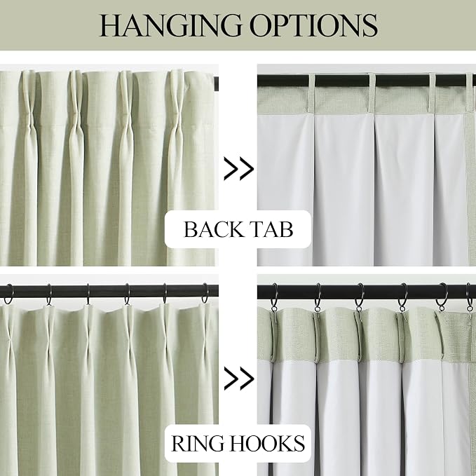 Vision Home Soft Green Pinch Pleated Full Blackout Curtains Linen Blended Room Darkening Curtain Panels 63 inch for Living Room Bedroom Thermal Insulated Pinch Pleat Drapes with Hooks 40" Wx63 Lx2