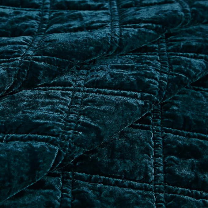 HiEnd Accent Stella Faux Silk Velvet Double Box Stitch 3 Piece Quilt Set, Queen Size, Teal Solid Color, Classic Chic Modern Rustic Elegant Bedding Set, Lightweight Bed Set