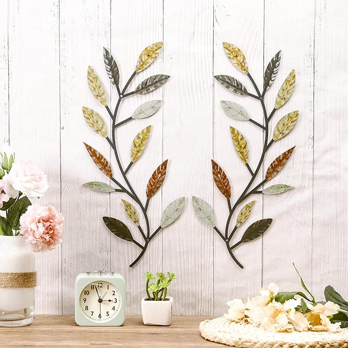 Zhengmy 2 Pieces Metal Tree Leaf Wall Decor Vine Olive Branch Leaf Wall Art Living Room, Hallway Wall Decor Outdoor Decoration(Multi Color)