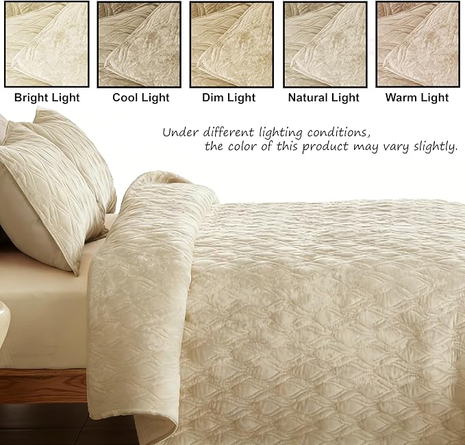 Velvet Quilt Set Full Queen Size 90x98 Bedspread Soft Bedding Set 3 Pieces Neutral Luxury Comforter with 2 Pillow Shams 20x26 All Season for Bedroom Home Decor,Beige