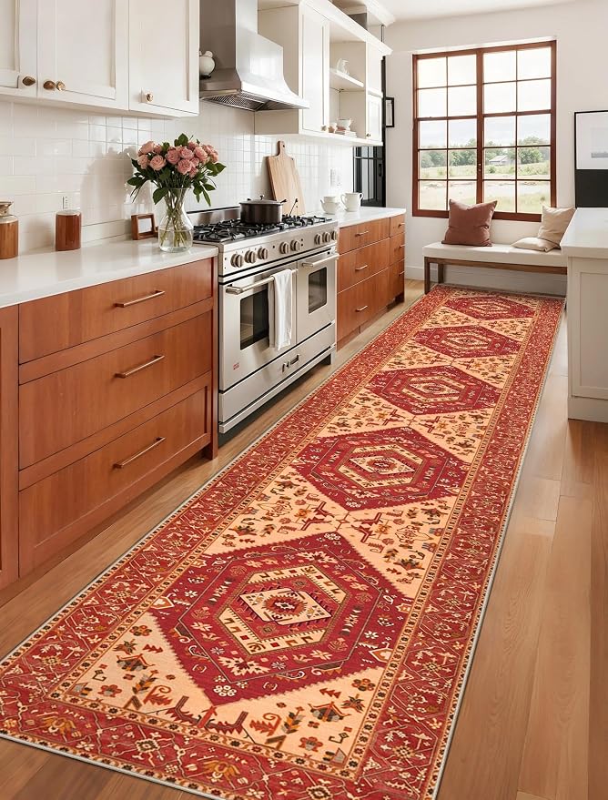 SERISSA Runner Rug for Hallways, 2'6"x14' Washable Non Slip Kitchen Runner Rug, Extra Long Boho Rug Ultra Soft Vintage Red Print Floor Carpet for Bedroom Hallway Entryway Bathroom Laundry Room