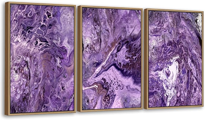 Large Canvas Wall Art for Living Room Natural Wood Float Framed Art Set of 3 Purple Abstract Pictures Minimalist Artwork Canvas Prints for Bedroom Home Office Wall Decor 24X36inX3pcs