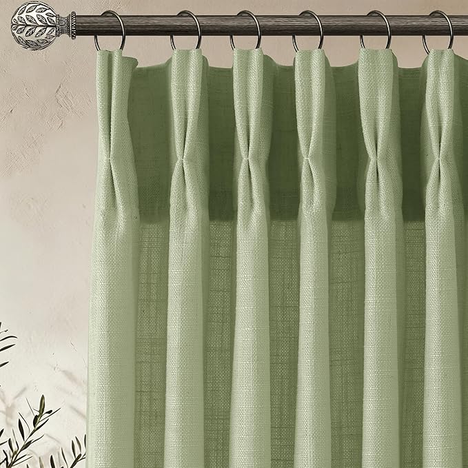 Pinch Pleated Linen Curtains 102 Inch, 2 Panels Premium 400GSM Memory Trained Semi Sheer Light Filtering Window Drapes for Living Room Bedroom Dining, Back Tab & Adjustable Hooks Rings , Sage Green