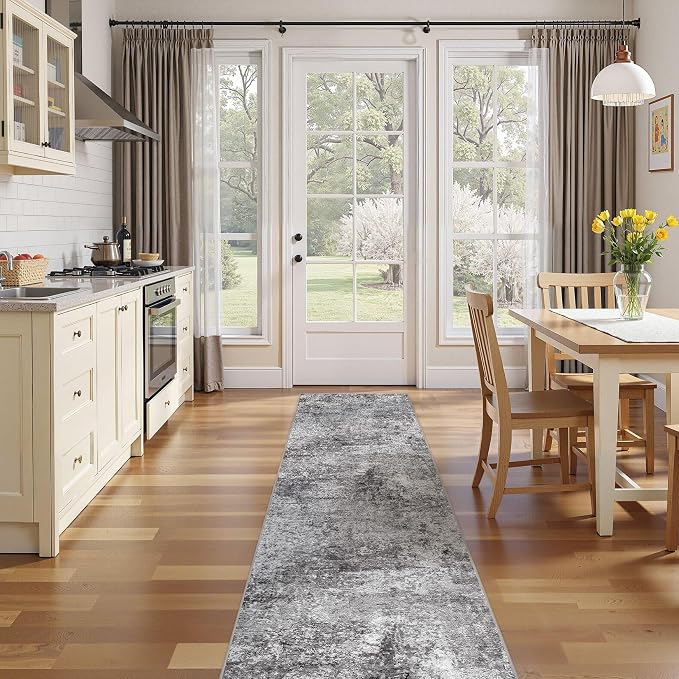 DMOYEST Washable Runner Rug for Hallway: 2.6x12 Neutral Modern Abstract Low Pile Area Rug with Non-Slip Backing - Carpet for Bedroom Kitchen Laundry Entryway Bathroom Indoor - Grey