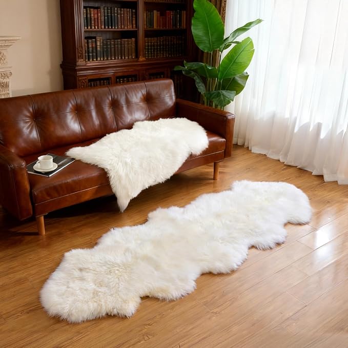 Premium Genuine Sheepskin Area Ruge - Real Wool Fur Shaggy Carpet | Fluffy Soft Natural Lambskin Rug Seat Chair Covers for Couch Sofa Bedroom Living Room(Ivory White,2×6 Feet Sheepskin)