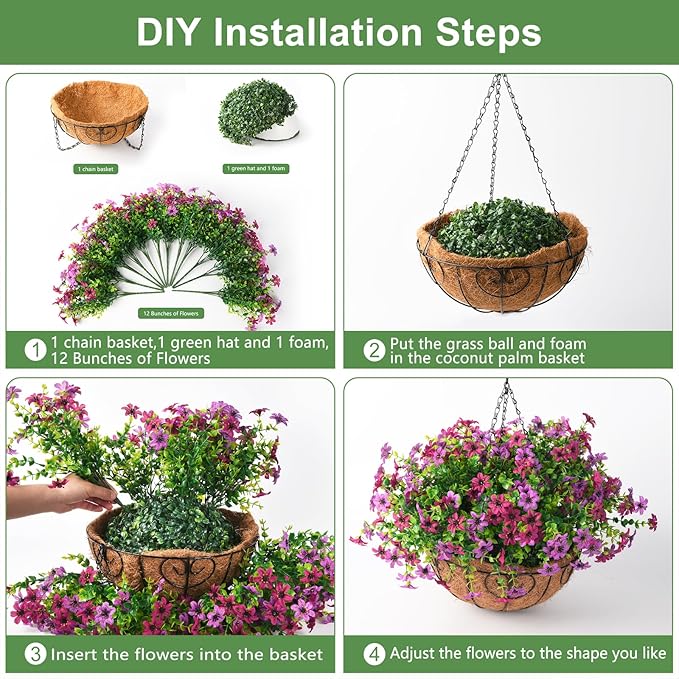 Artificial Flowers Fake Hanging Basket for Outdoor Spring Summer Decoration, 12 Bundles Faux Hanging Plants UV Resistant, Realistic Silk Flower for Outside Planters Porch Patio Balcony Yard Garden