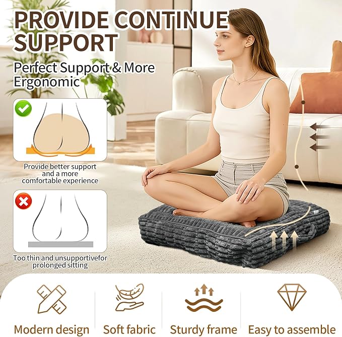 Floor Cushions, Corduroy Floor Pillow, Floors Pillows for Adults & Pets, Large Floors Pouf, Square Floored Pillows for Sitting & Yoga(2PC, Dark Grey，22"×22"×5.9")