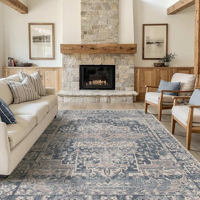 Rugxara 6x9 Area Rugs for Living Room Bedroom, Large Washable Rug, Blue Vintage Floral Boho Style, Non Slip & Low Pile Carpet for Indoor Dining Room, Dorm and Kids Room(Blue 6x9ft)