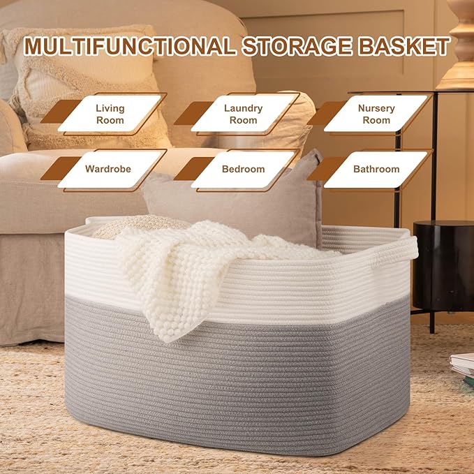 Extra Large Laundry Basket, 95L Blanket Basket for Living Room, Cotton Rope Toy Storage for Kids, Woven Baskets for Clothes, Towels, Pillows, 24" x 17" x 14", Grey and White (Pack of 2)