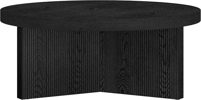 Henn&Hart 36" Fluted Round Low-Profile Coffee Table with Ribbed Pedestal Base for Living Room, Family Room, or Office, Natural Black