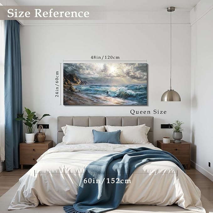 imjiayu Wall Art For Living Room, Ocean Beach Large Wall Decor, Coastal Seascape Painting Prints, Modern Sea Waves Landscape Pictures Canvas Artwork for Bedroom Office Home Decor 24" x 48"