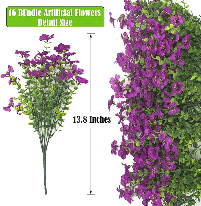 Grunyia Artificial Fake Flowers for Outdoor Spring Decoration, 16 Bundles Faux Silk Colorful UV Resistant Realistic for Outside Porch Patio Home Yard Garden Planters Pots Window Box (Light Purple)