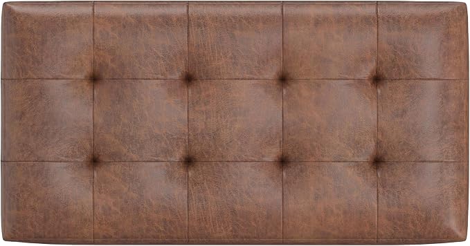 SIMPLIHOME Cosmopolitan Storage Ottoman - 34 inch Wide Upholstered Vegan Leather Rectangle Storage Ottoman Bench in Distressed Saddle Brown, Transitional Tufted Ottoman for Entryway with Lift-Up Lid