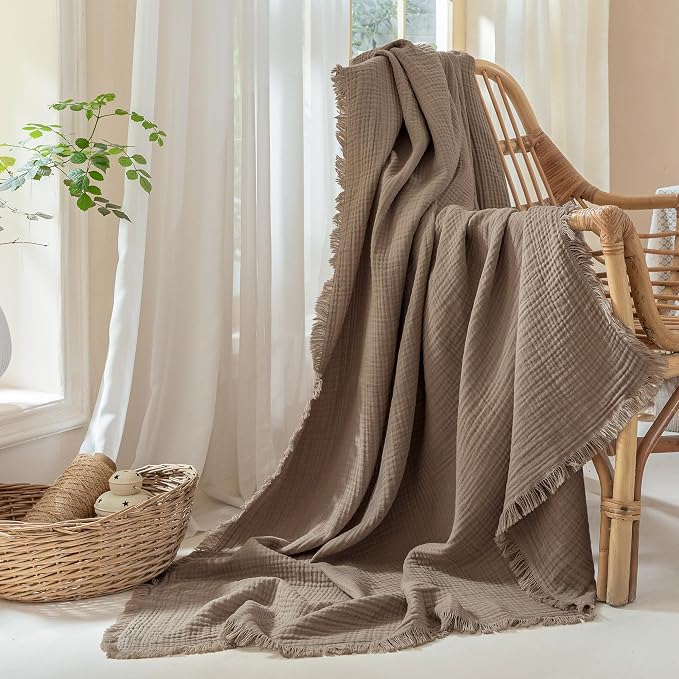 Muslin Fringe Blankets for Adults: 100% Cotton Cloud Soft | 4-Layer Gauze Breathable Lightweight All Season Throw Blanket for Bed Couch Sofa Office